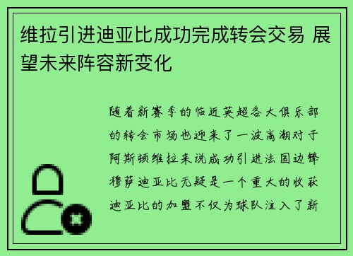 维拉引进迪亚比成功完成转会交易 展望未来阵容新变化